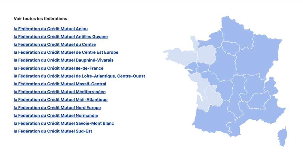 Les 14 r&eacute;gions diff&eacute;rentes du Cr&eacute;dit Mutuel pour leur tarification